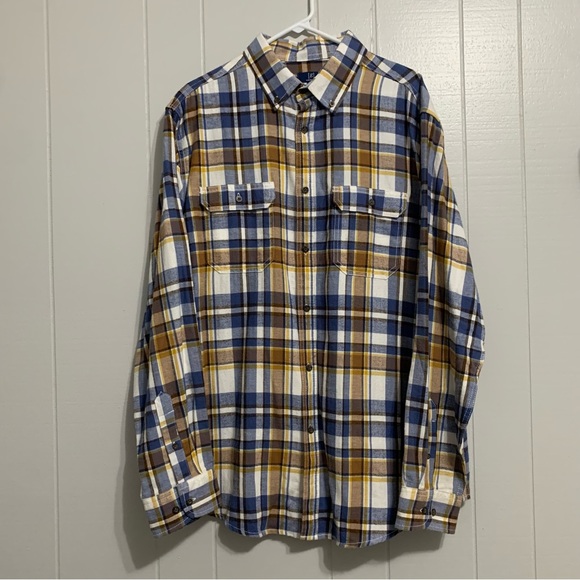 NWOT Men’s Navy & Yellow [G] George Long Sleeve Plaid Button-Down Collared Shirt - Picture 1 of 5